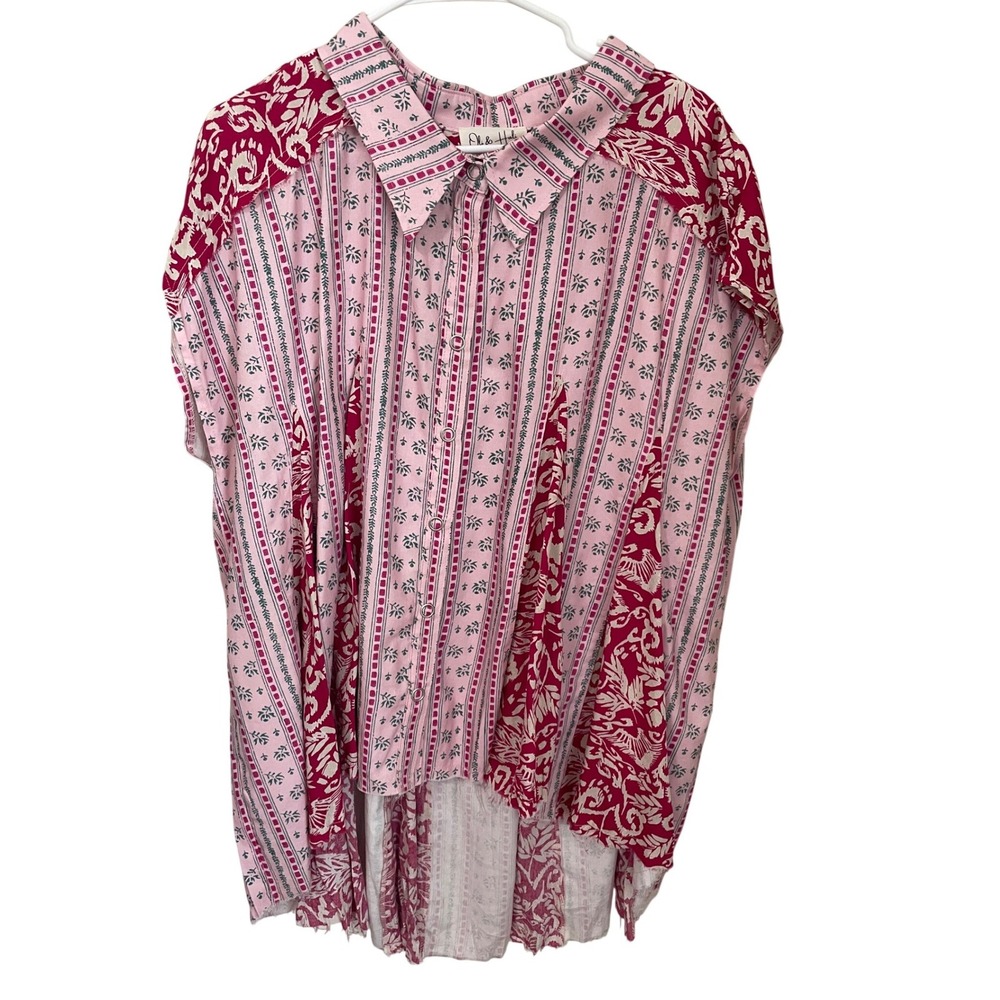 Oli & Hali Size L Oversized Patchwork Raw Hem Shirt Pink Mixed Print Boho